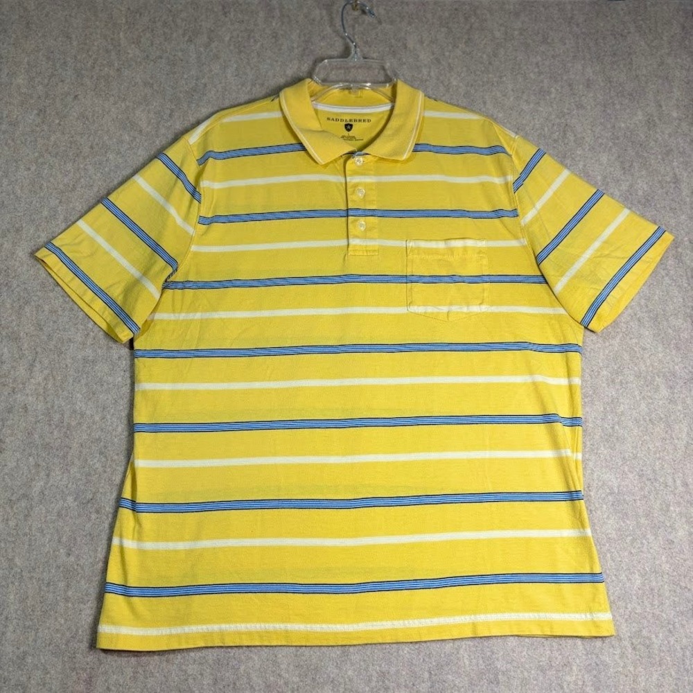 Saddlebred Polo Shirt Mn Large Yellow Cotton Blend Striped Pocket Preppy Classic
